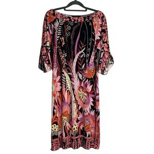 Elie Tahari 100% Silk 1/2 Sleeve Shift Dress Floral‎ Black Pink Small
